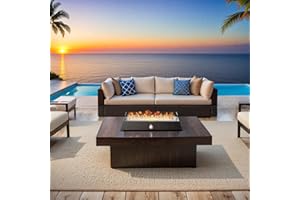 AJ ENJOY 28'' Tabletop Fire Pit Table, 40,000 BTU Propane Fire Pit with Bottom Air Intake and Umbrella Hole, Outdoor Portable Fireplace Rectangular Fire Bowl w/Wind Glass Shield, Laval Rocks - Black