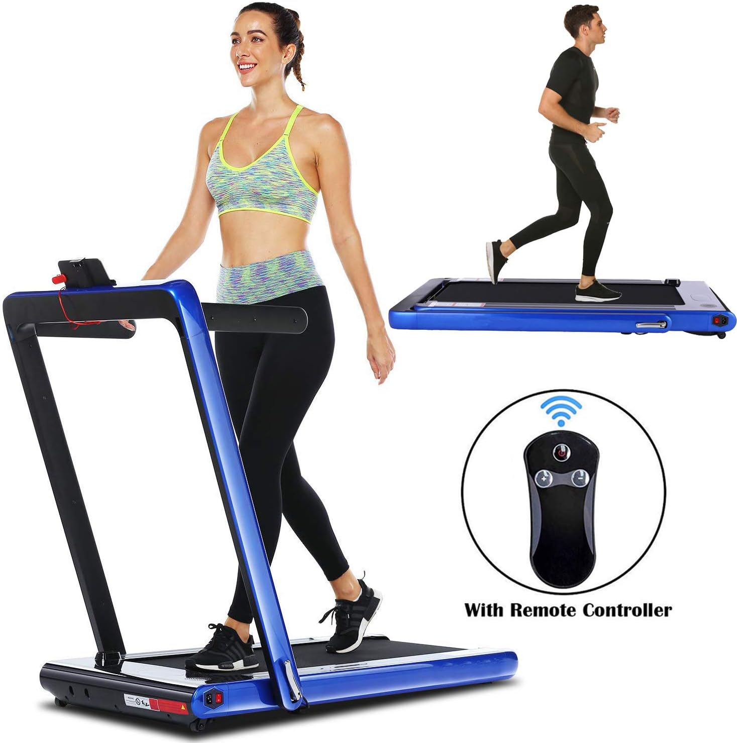 2 in 1 Under Desk Treadmill, Smart 2.25 HP Folding Electric Treadmill, Walking Running Jogging Machine with Bluetooth Audio Speakers, Fitness Trainer Equipment for Home Gym Office (Blue)