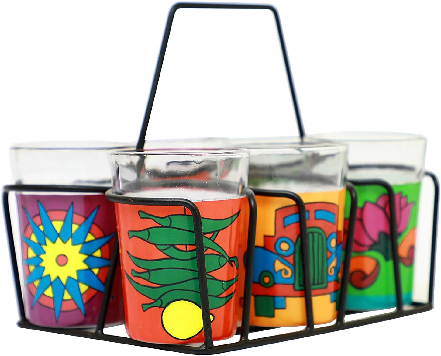 A Krazy Mug Multicolor Various Themes Design Hand Painted Traditional Tapri Tea Glasses with Iron Container Stand Holder (Set of 6, 90ml)