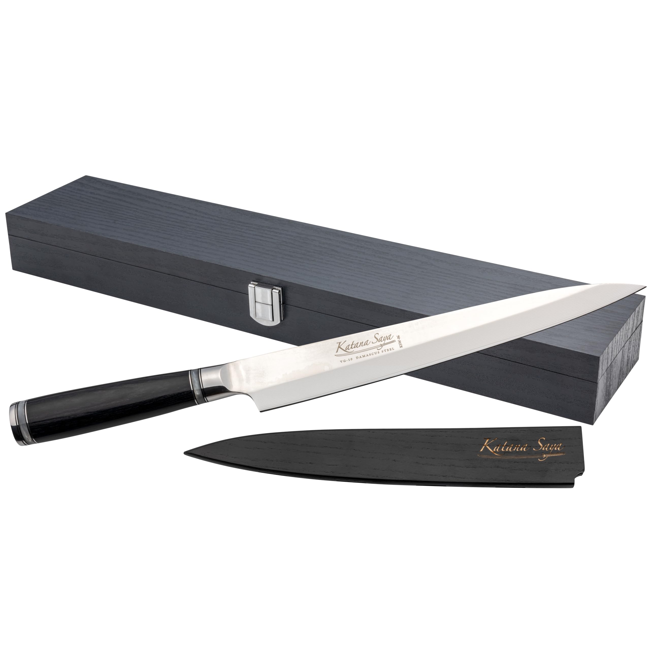 Katana Saya Pakkawood 24cm Yanagi Sashimi Knife, Japanese 67-Layer VG-10 Damascus Stainless Steel, Black Pakkawood Handle, Japanese Style Kitchen Knife