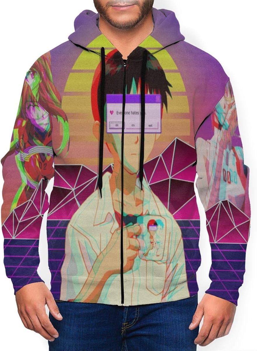 Neon Genesis Evangelion Mens Hoodies with Hat 3D Zip Hooded Pullover