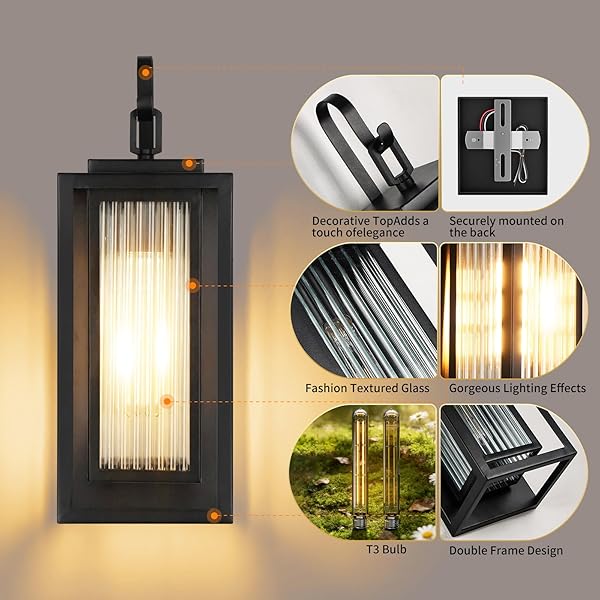 HAMESO OUTDOOR WALL LIGHTS FOR HOUSE EXTERIOR, 18 INCH LARGE BLACK MODERN LANTERN WITH DUAL METAL FRAME & TEXTURED GLASS, IP65 WATERPROOF (BULBS INCLUDED)