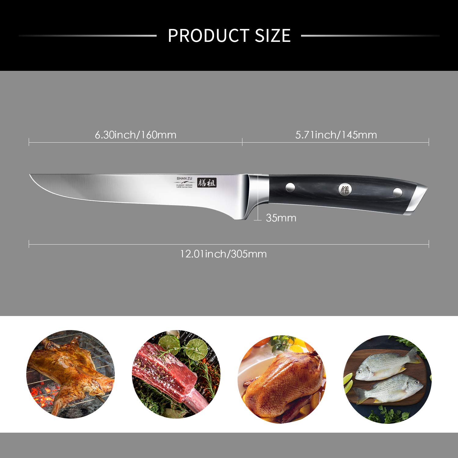 Boning Knife 6.5 inch, SHAN ZU Chef Knife Professional Kitchen Knife Cutlery Kitchen Cooking Chef Bone Knife Set Ultra Sharp German Stainless Steel Blade for Fish Beef Meat Home Restaurant Travel Skin
