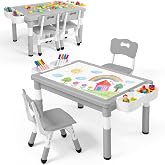 Kinder King Kids Table &amp; 2 Chairs Set, Adjustable Heights, Storage, Grey | Graffiti &amp; Building Blocks Tabletop, Children Activity Table Toddler Furniture Set for Playroom, Daycare, Home, Age 3+