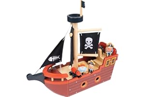 Mentari Toys - Fishbones Pirate Ship - Wooden Pirate Ship with Fabric Sails, Spinning Wheel, Sailors and Canon - Interactive Toy for Imaginative Play - Boosts Storytelling and Motor Skills - Age 3+