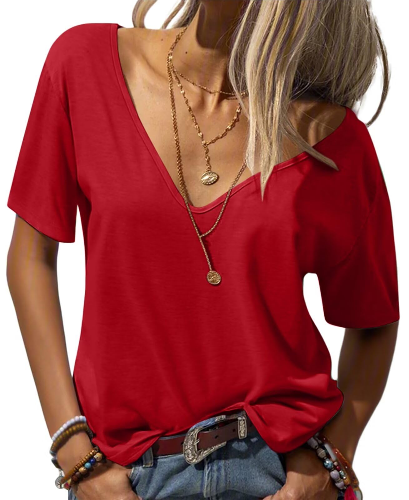 Photo 1 of Eachyes Womens Deep V Neck T Shirts Casual Short Sleeve Loose Fit Basic Fashion Tee Tops Red Small
