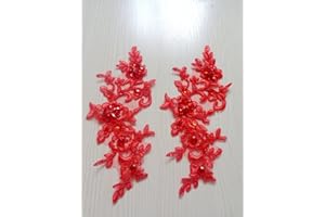 Zbroh Handmade Sew on Crystal Trim Patches Red Lace Applique with Bead Sequins Rhinestones 21x8cm for Top Dress Skirt