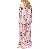 Women Silk Satin Christmas Pajamas Set Santa Bow Long Sleeve Button Down Shirt Wide Leg Pants Cute 2 Piece Set