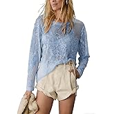 Aimiray Lace Tops Women Long Sleeve Crew Neck Mesh Tops Floral Printed Black Sheer Blouse Lightweight Cute Layering Shirts