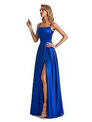 Long Satin Spaghetti Strap Prom Dress Red Size
