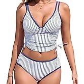 RIHOAS Womens Tankini Bathing Suits, Two Piece Swimsuit Cute Tankini Deep V Neck Strap Color Block Swim Suit