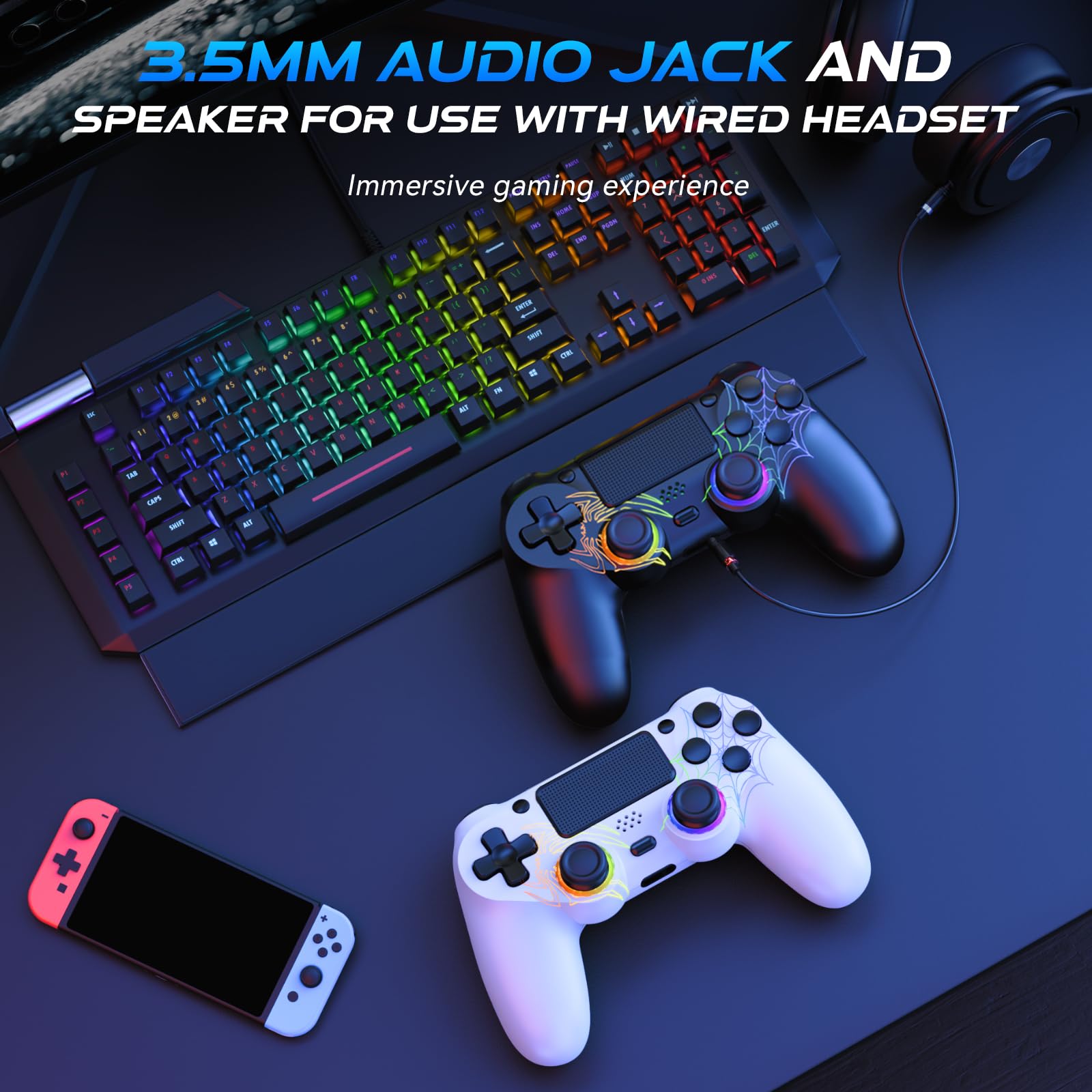Fanyooge Controller for PS4, 2 Pack Spider Pattern RGB Controller for Ps4 with Hall Effect Joystick/1000mAh Battery/USB C/Dual Vibration/6-Axis Gyro/3.5mm Audio Jack
