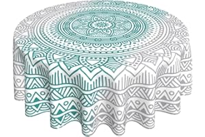 GRANBEY Teal Grey Boho Round Tablecloth 60 Inch Modern Mandala Art Turquoise Table Clothes Rustic Ombre Waterproof Reusable Circle Table Cover for Picnic Party Dining Room Home Decor