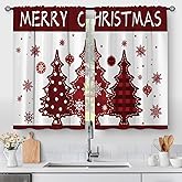 Christmas Tree Kitchen Curtains - Xmas Merry Christmas Winter Holiday Pattern Cafe Small Short Tier Window Curtains for Living Dining Room Decor Rod Pocket Window Drapes 36 Inch Length Set 28