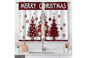 AIMEGO Christmas Tree Kitchen Curtains - Xmas Merry Christmas Winter Holiday Pattern Cafe Small Short Tier Window Curtains for Living Dining Room Decor Rod Pocket Window Drapes 36 Inch Length Set 28"x36"