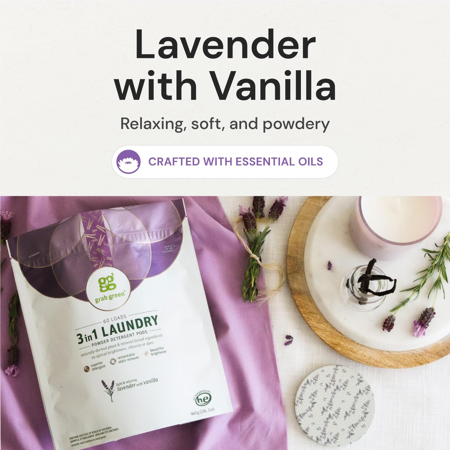 Grab Green 3-in-1 Laundry Detergent Pods, 60 Count, Lavender Vanilla Scent, Plant and Mineral Based, Superior Cleaning Power, Stain Remover, Brightens Clothes