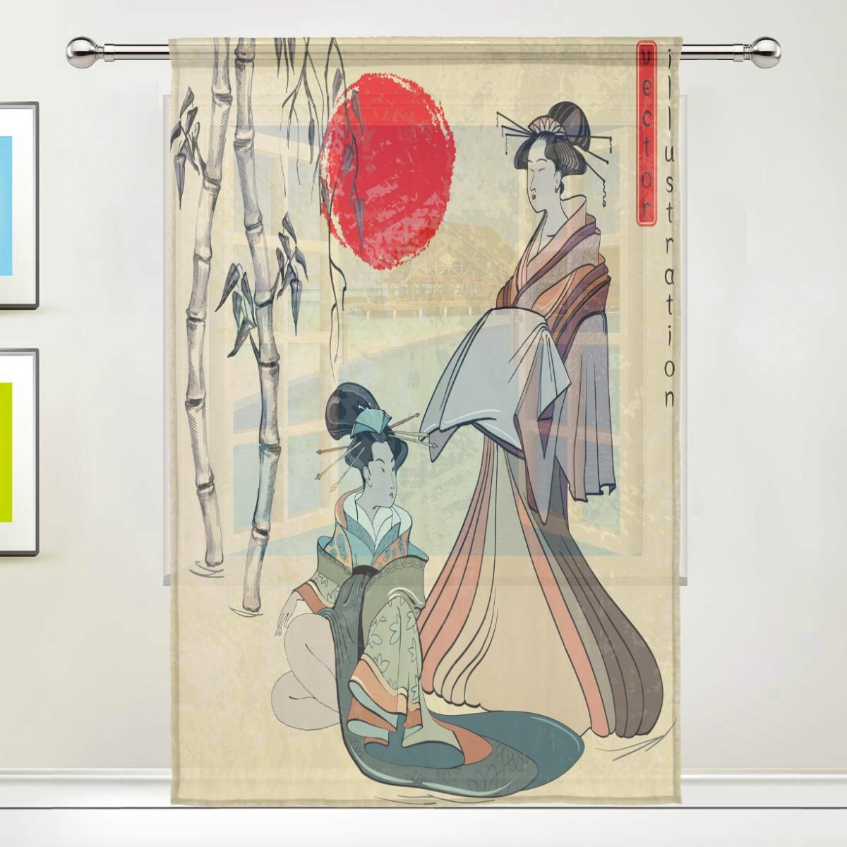 ISAOA Tulle Sheer Curtain,Beautiful Japanese Geisha Girl Window Treatments Sheer Curtains for Kitchen Living Room Bedroom Decoration,Single panel,52 x 84 Inches