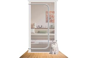 MORNYRAY Reinforced Cat Screen Door, Fits Door Size 28''x82'', Heavy Duty Cat Resistant Mesh Screen with Zipper, Textilene Pet Screen Door for Living Room, Kitchen, Bedroom, Stop Cats Dogs Running Out (White)