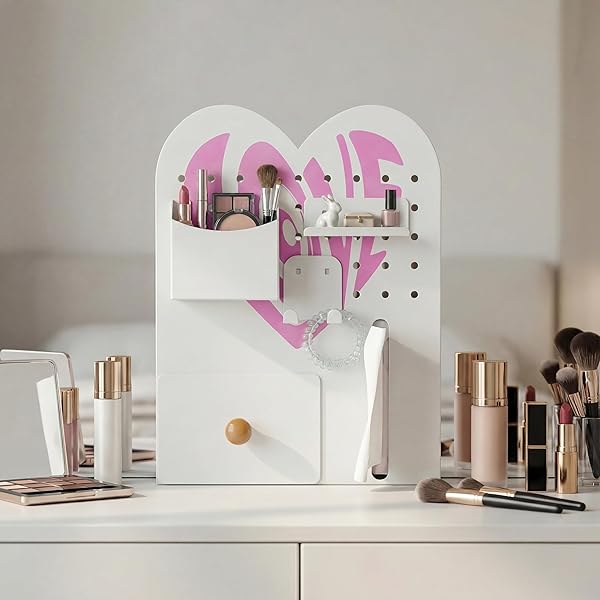MAGNETIC PEGBOARD ORGANIZER FOR OFFICE DESK, MAKEUP VANITY, STATIONERY STORAGE, GAMING DESKTOP WITH 4 METAL ACCESSORIES DRAWER HOLDER HOOKS MODULAR – HOME DECOR TABLETOP DISPLAY KIDS ROOM – WHITE
