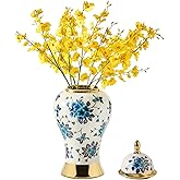 Ginger Jars for Home Decor, White and Gold Vase, Porcelain Ginger Jar Chinoiserie Blue and White Vase with Gold Trim and Flor