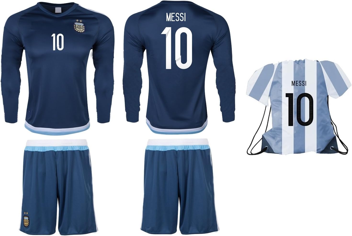 Argentina Messi Jersey #10 Youth Soccer Jersey & Shorts in Messi #10 Drawstring Bag Leo Gift Set Kids Boys Girls