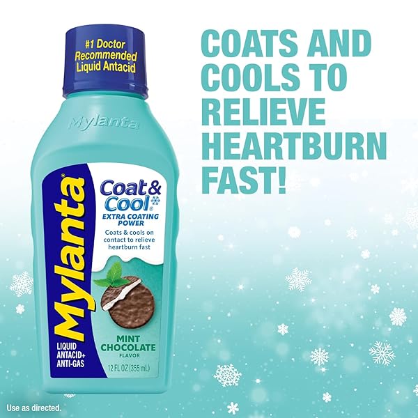 MYLANTA HEARTBURN AND GAS RELIEF, LIQUID ANTACID, COAT & COOL FORMULA, MINT CHOCOLATE FLAVOR, 12 FL OZ