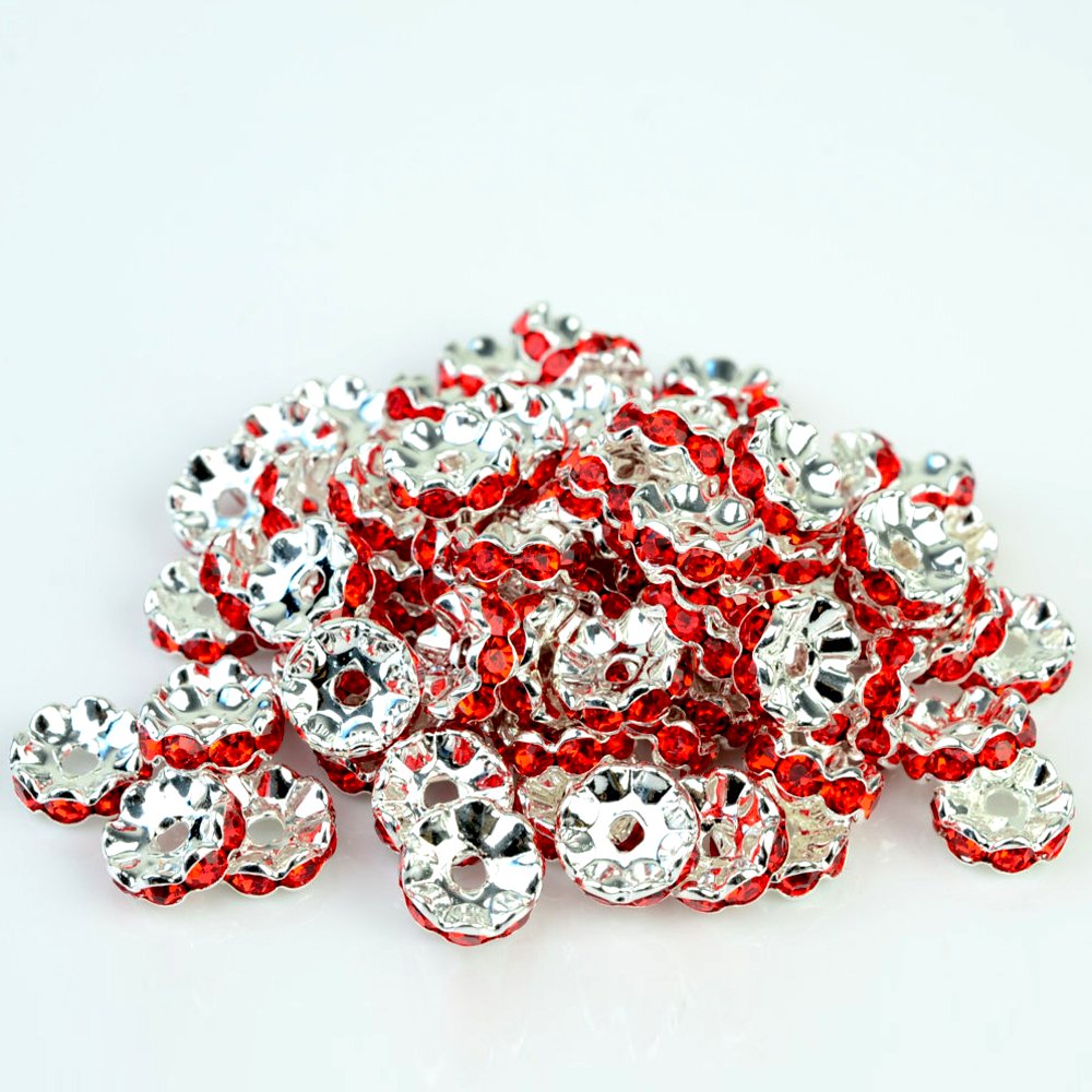 RUBYCA 100pcs 10mm Wavy Rondelle Spacer Beads Silver Tone Light Siam Red Czech Crystal