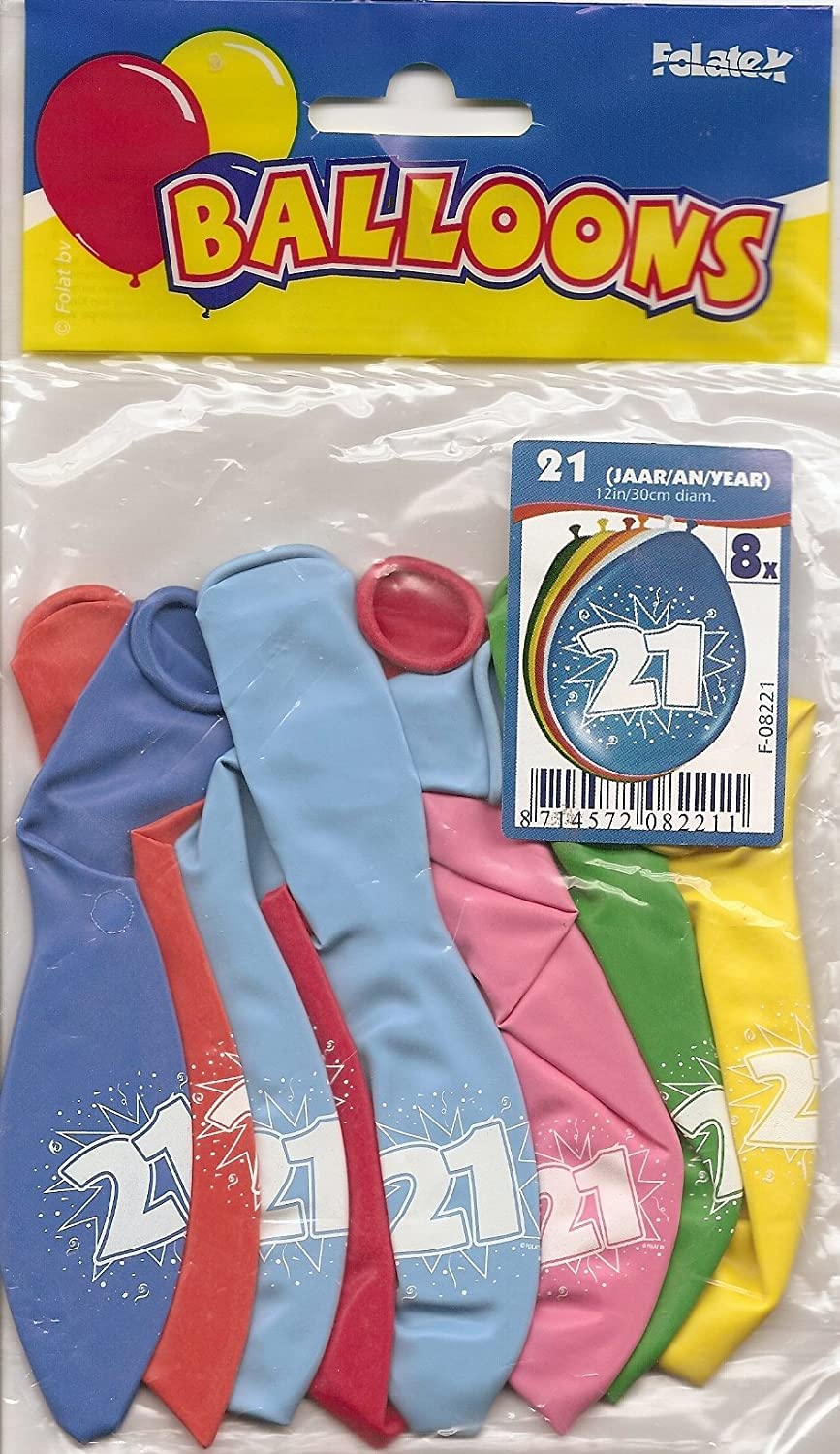 Folat 08221 Zahl 21st Birthday Balloons 30 cm - 8 pieces, Multi Colors, 21 โ image 1