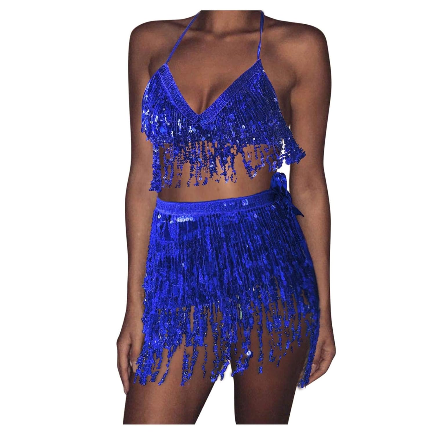 Buy Women's Sequins Tassel Skirts Summer Beach Wrap Belly Dance Party Mini Skirts (Dark Blue A