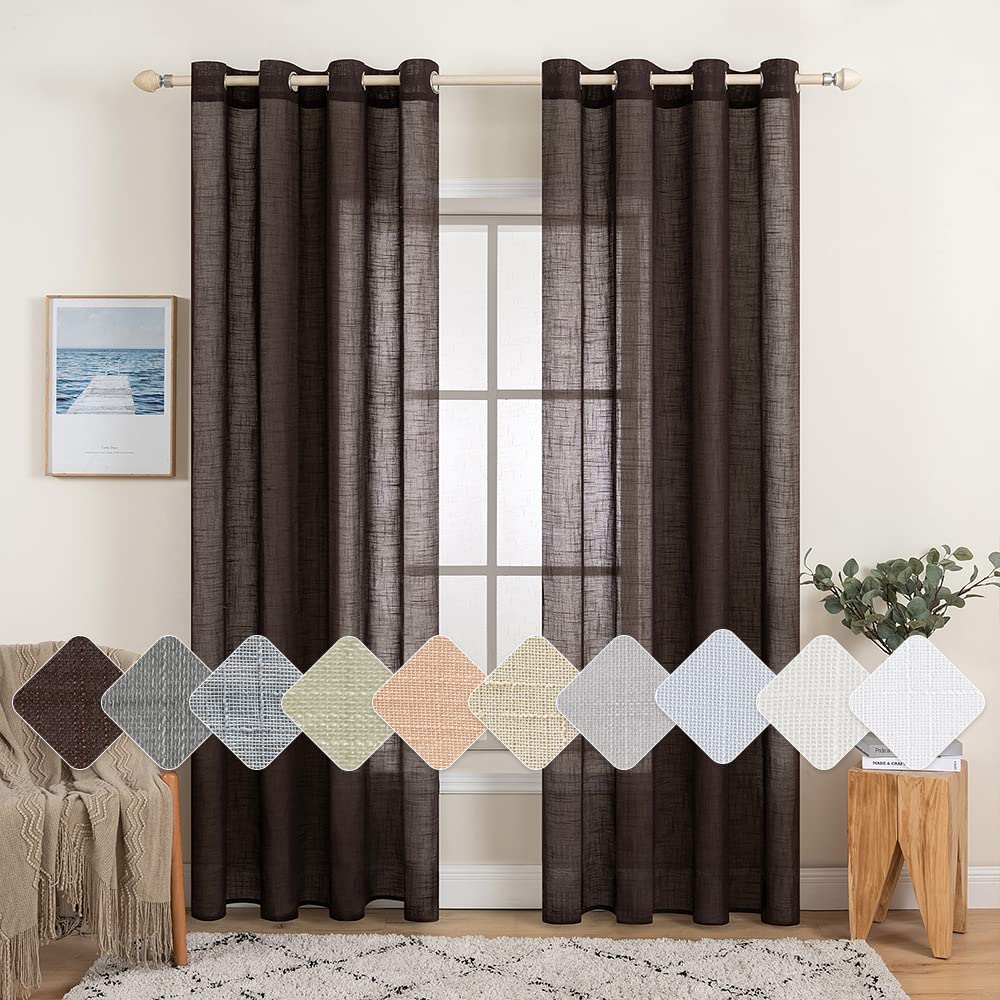 MIULEE 2 Panels Voile Curtains Sheer Cross Linen-like Solid Color Contemporary Decorative Ring Top Eyelet Panels for Bedroom Livingroom Nursery Room Coffee 55" Wx88 L