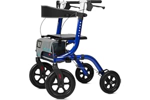 ELENKER All-Terrain Rollator Walker with Seat, Outdoor Rolling Walker, 12” Non-Pneumatic Tire Front Wheels, Compact Folding Design for Seniors, Blue