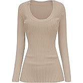 v28 Women Scoop Neck U-Neck Knit Long Sleeve Slim Fit Ribbed Sweater Tops