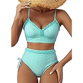 Herseas Women's Splice Ruffle Trim Bikini Sets Tie Side Swimsuits High Waisted Bathing Suits