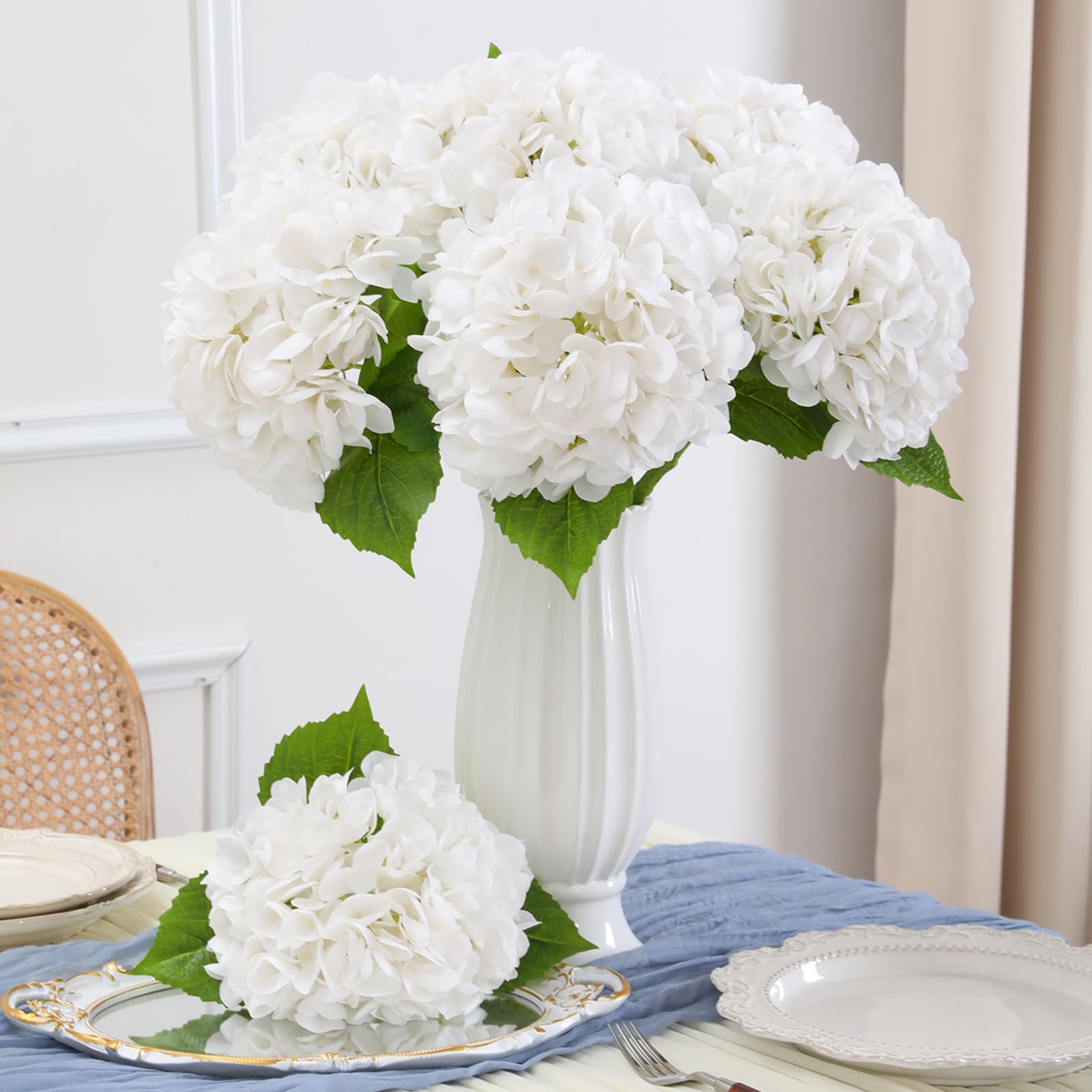Nubry 4Pcs White Hydrangea Artificial Flowers, 22.5In Latex Faux Real Touch Large Hydrangea Flowers with Long Stems & Leaves for Home Office Decor Wedding Party Arrangements(White)