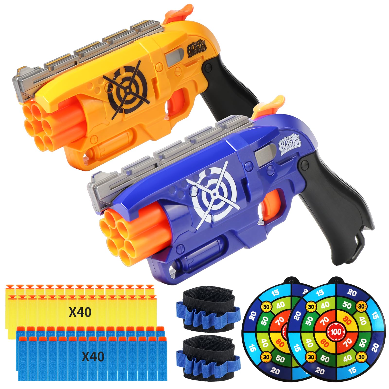 2 Pack Blaster Guns Boys Toy for 6+ Year Old Kids, 2 Targets & 2 Wrist Strap,80 Soft Foam Darts Bullets, Gun Toys Gifts for Ages 8-12,Christmas Stocking Stuffers Party Supplies for Toddler Orange