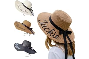 TIRXUIND Personalized Embroidered Name Beach Hat for Women, Custom Text Wide Brim Straw Sun Hat, Floppy Summer Hat, Unique fo