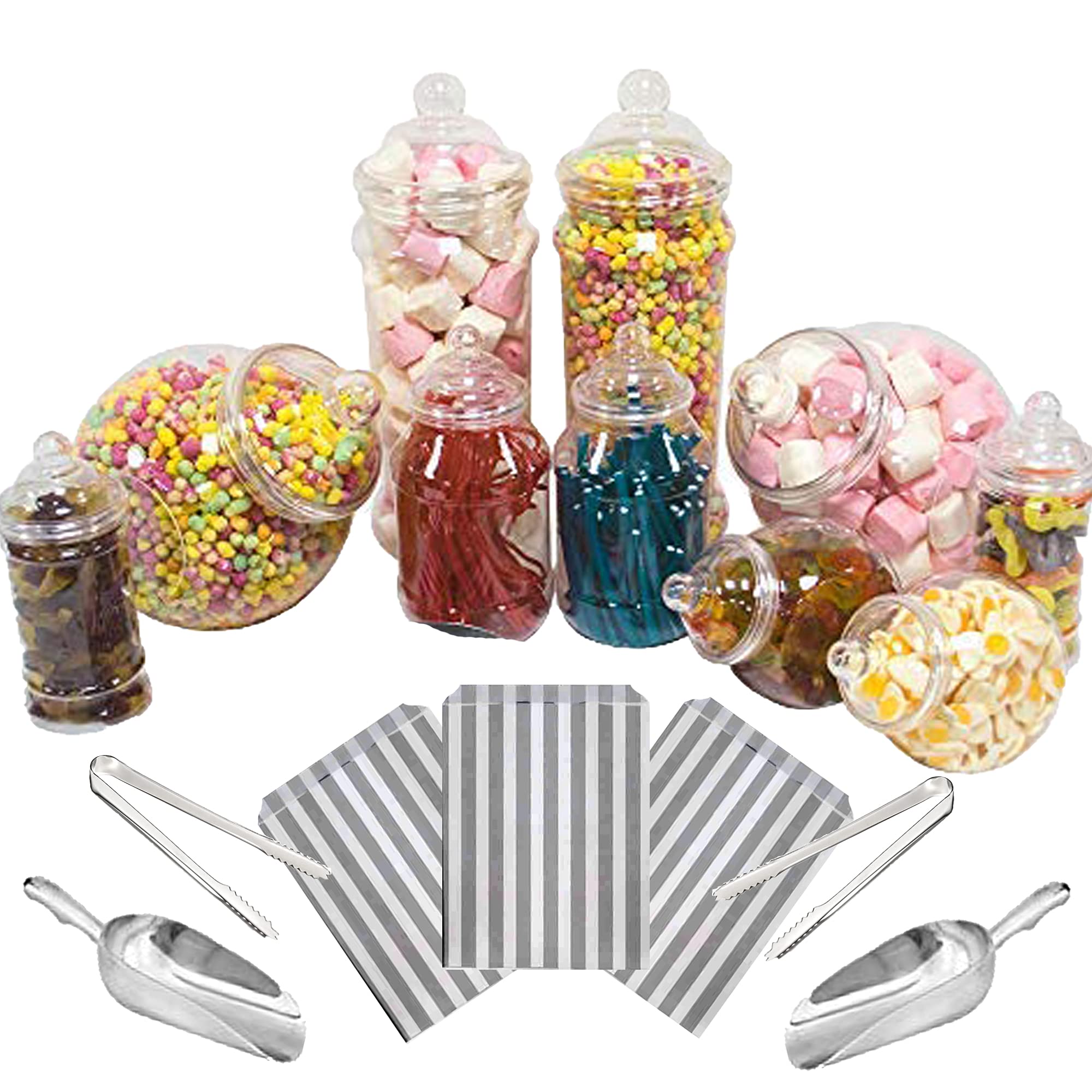 Purple Square 10 Mixed Jar Retro Pick & Mix Victorian Sweet Shop Candy Buffet Kit Party Pack with Scoops, Tongs & Bags - Silver Stripe Bags