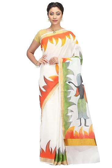 Hand Painted & Handloom White Pure Kerala Cotton Sari (2282)