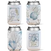 SJDFCSA 4 Pack Coastal Ocean Beach Reusable Neoprene Insulator Cup Sleeve for Cold and Hot Drinks, Coastal Beachy Seahorse Seashell Starfish Coral Can Drink Sleeves Cooler Sleeves Gifts for Women