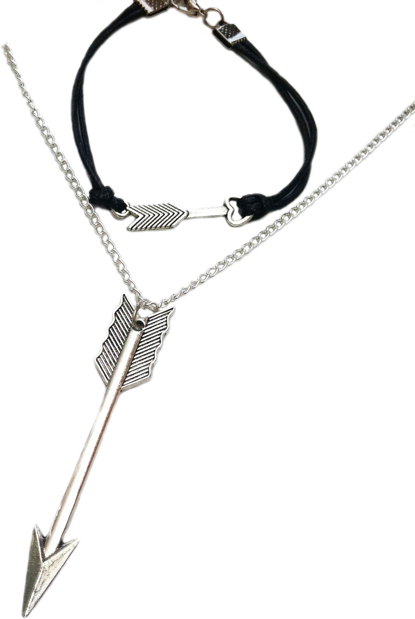 Orion Creations Movie Jewellery. Silver Tone Katniss Arrow Pendant Necklace and Matching Bracelet on Black Cord Strap