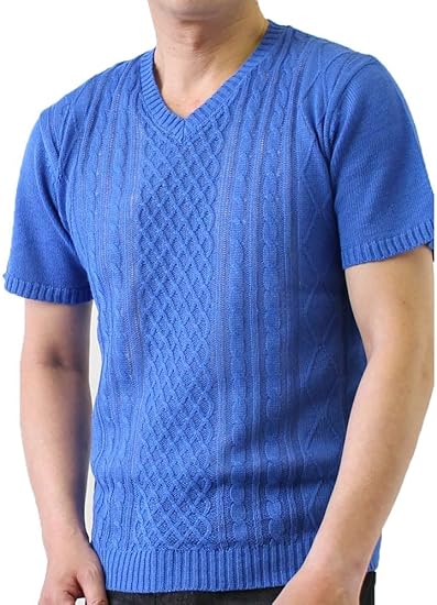 Amazon 半袖ニット サマーセーター メンズニット ケーブル半袖ニット 綿麻半袖 ロイヤル Lサイズ セーター 通販