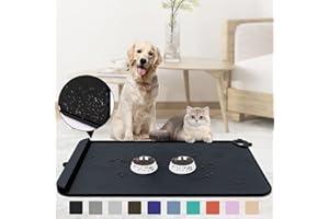 ZIRWTI Pet Feeding Food Mat, 36''x 24'' Large Silicone Pet Feeding Mats with Residue Collection Pocket, Waterproof Dog Cat Bowl Mat for Food and Water with Edge and Hook, Tray for Dog Bowls, Black