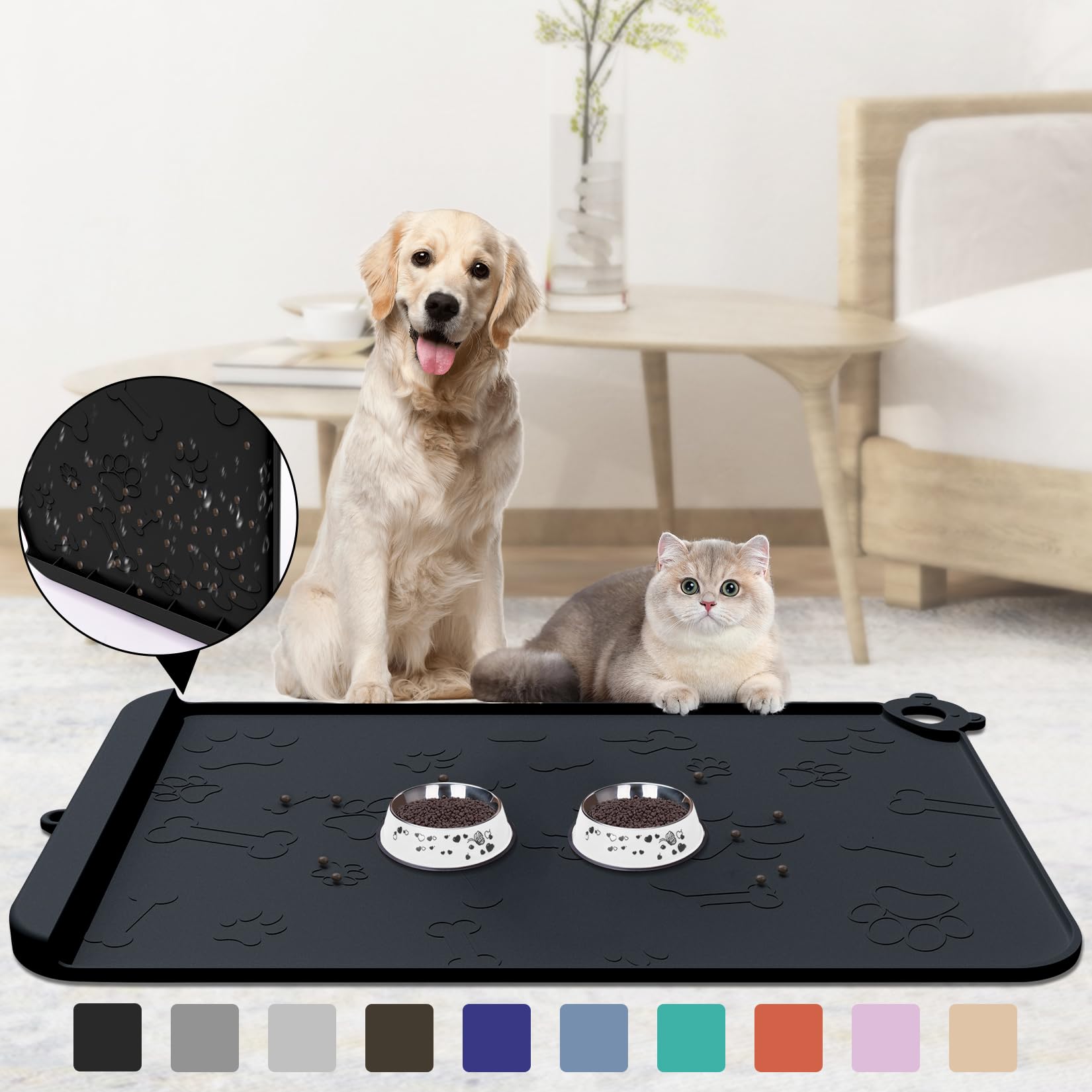 Photo 1 of Pet Feeding Food Mat, 36''x 24'' Large Silicone Pet Feeding Mats with Residue Collection Pocket, Waterproof Dog Cat Bowl Mat for Food and Water with Edge and Hook, Tray for Dog Bowls, Black