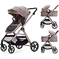 Lortsybab 2 in 1 Baby Stroller, Newborn Infant Toddler Convertible Bassinet Pram Stroller for 0-36 Months Old Babies (Beige)