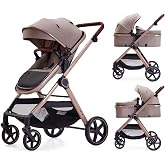 Lortsybab 2 in 1 Baby Stroller, Newborn Infant Toddler Convertible Pram Stroller for 0-36 Months Old Babies (Beige)