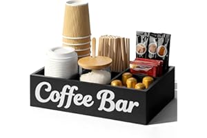 Samhe Coffee Station Organizer, 6 Compartment Wood Countertop Coffee Accessories Organizer with Removable Dividers for Condiment Cups Lids Pods Syrups, Farmhouse Bar Decor
