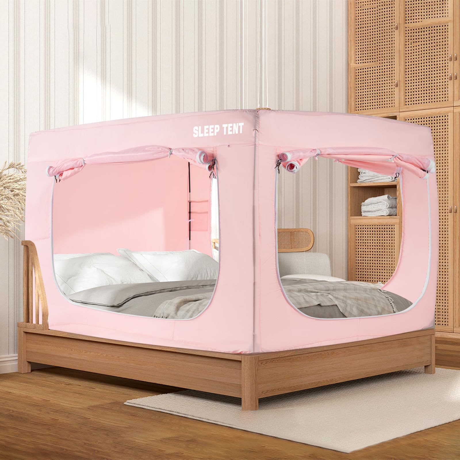 Photo 1 of BORNA Bed Tent Full Bed Canopy for Indoor Portable Light Reducing Sleeping Canopy for Kids and Adult,Bunk Blackout Tents Breathable Privacy Space Tent Mosquito Netting for Bed(Macaron Pink)