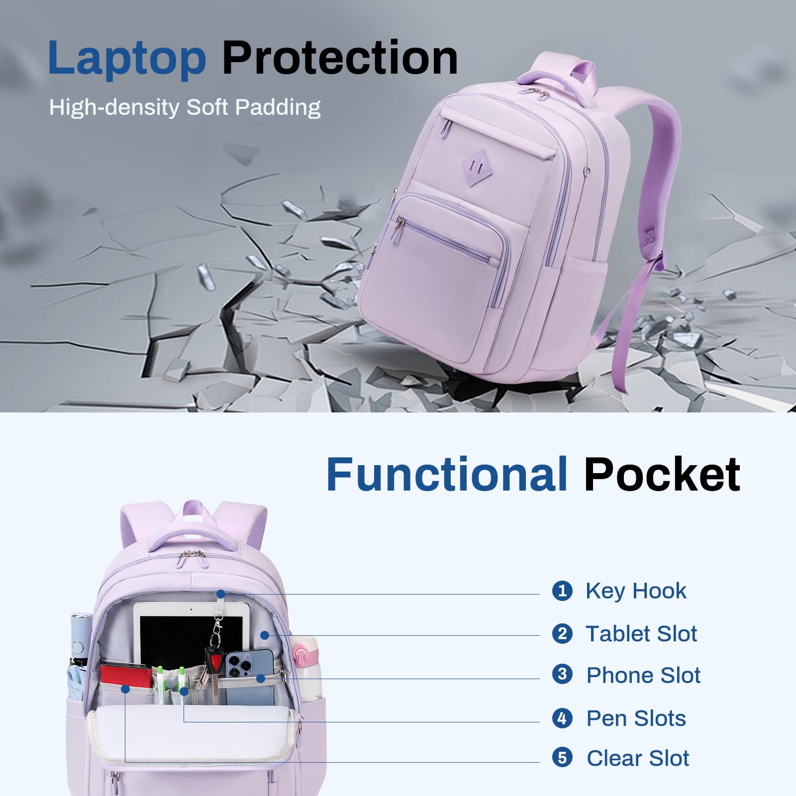 Sisipoet School Backpack for Girls, Lightweight Kids Bookbag Classic College Backpack for Teen Women with Luggage Strap, Age 8-18 Years Old, Purple