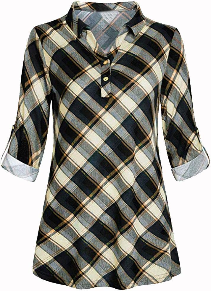 WOCACHI Women Plaid Split Button Long Sleeve Roll-up Lattice Tunic Blouses Tops