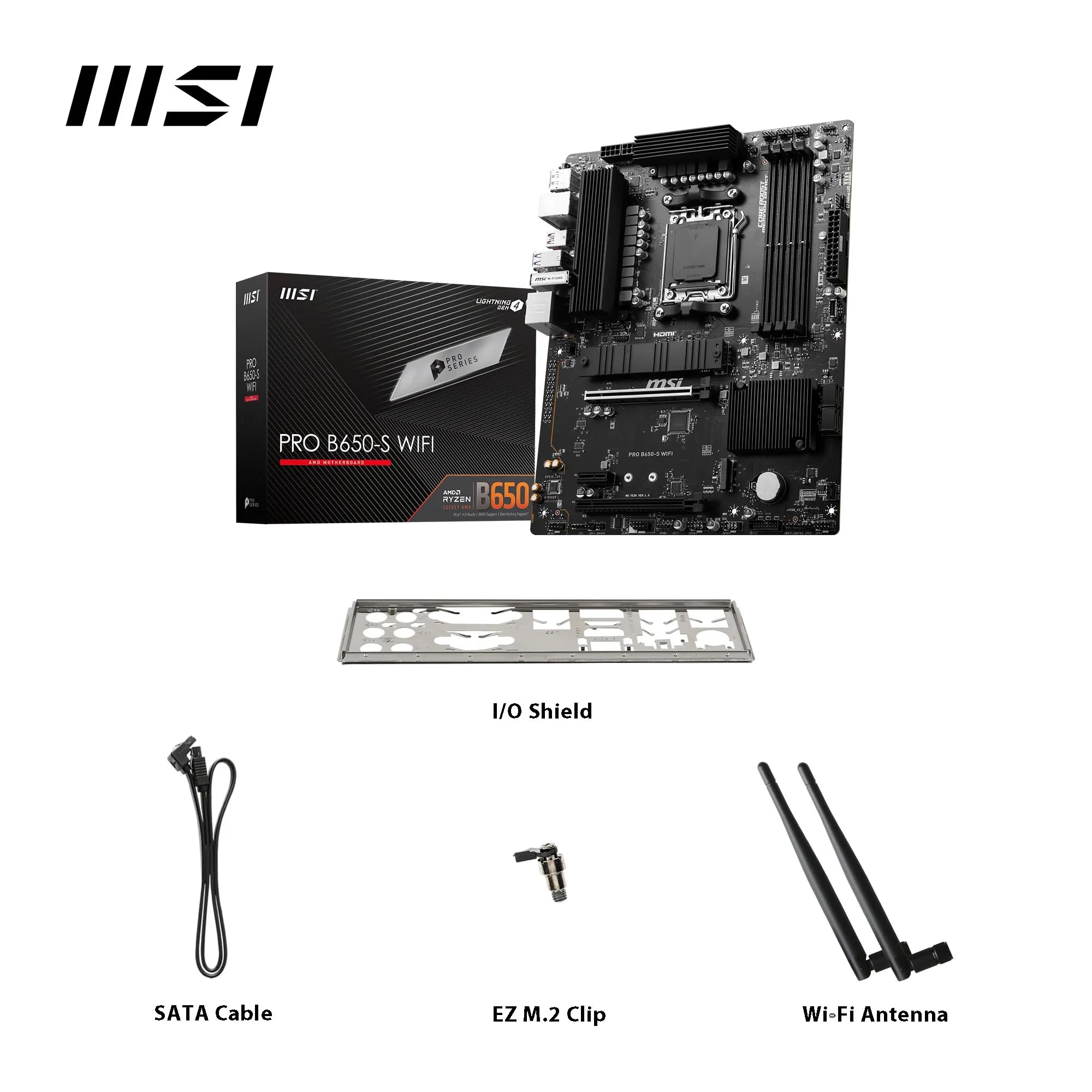 MSI PRO B650-S WiFi V1 Motherboard, ATX - Supports AMD Ryzen 9000/8000 / 7000 Series Processors, AM5 - DDR5 Memory Boost 6000+MHz/OC, 2 x PCIe 4.0 x16, 2 x M.2 Gen4, Wi-Fi 6E